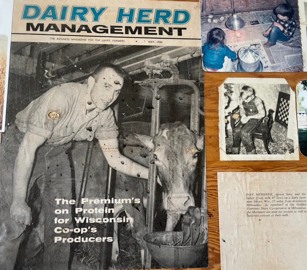 Página del álbum familiar con la portada de mayo de 1966 de la revista Dairy Herd Management mostrando a Dan Meissner en el establo, junto a fotos familiares de la infancia